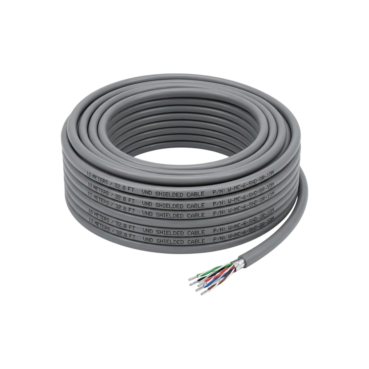 A coiled gray shielded cable with a multi-colored wire core exposed at one end, shown on a plain white background.