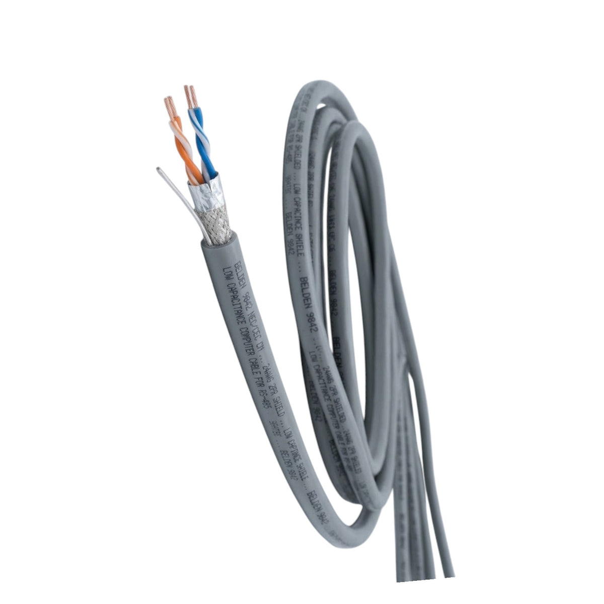 Gray Ethernet cable with a cut end showing internal twisted pairs, photographed on a white background.