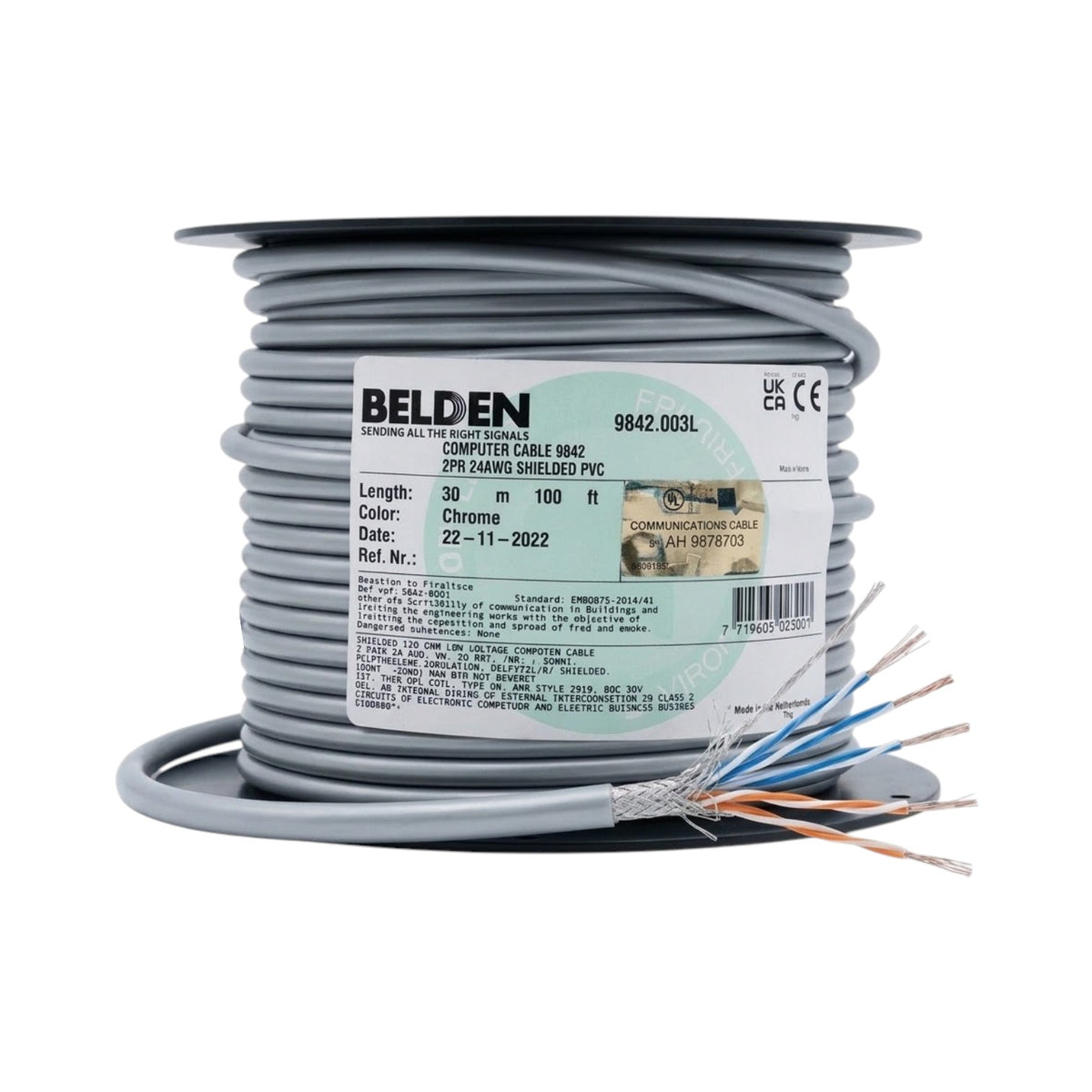A spool of Belden computer cable, 9842.003L, made of JPE 24mm shields PVC.
