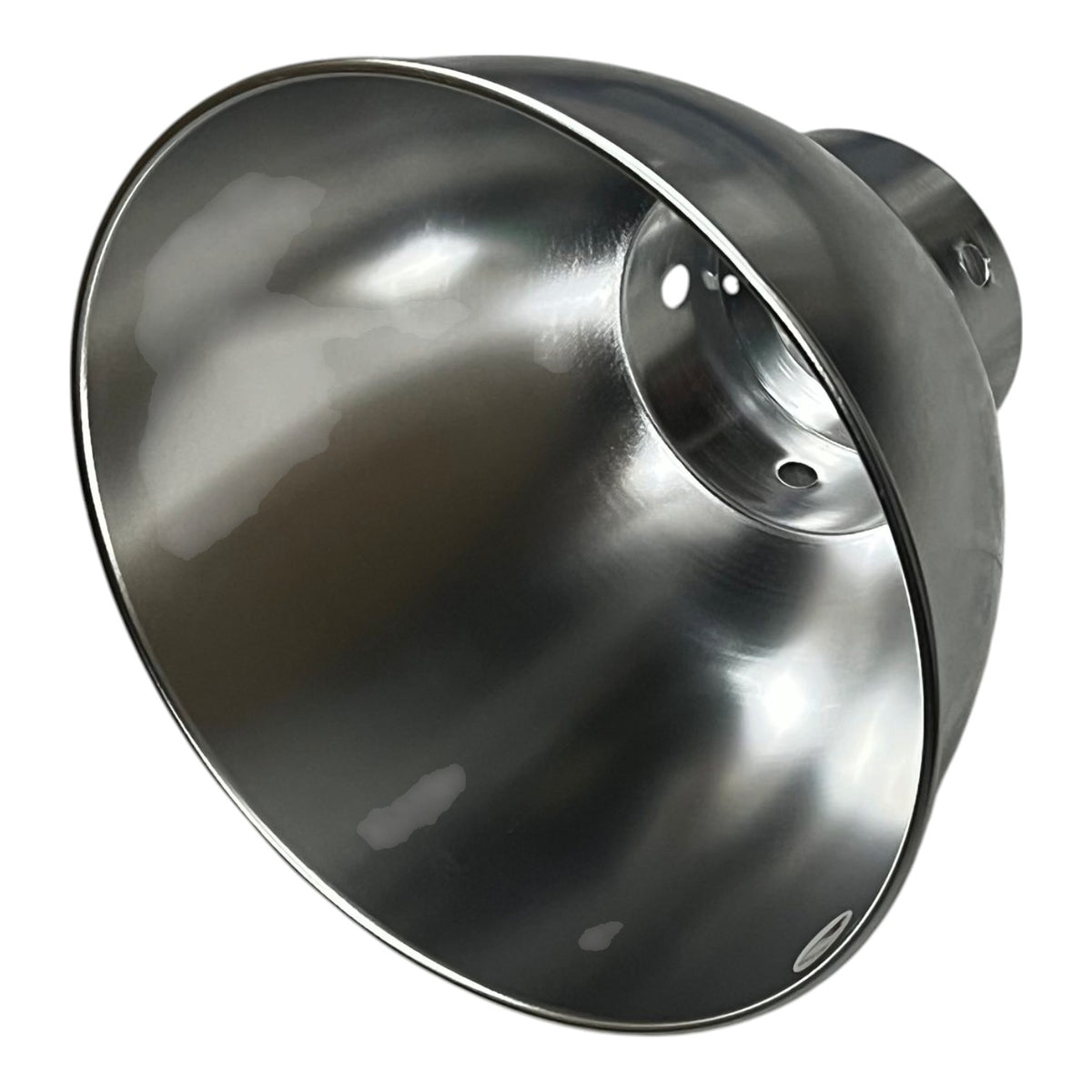 A brushed metal industrial pendant light fixture with a wide, flared dome shade and a mounting collar, shown on a plain white background.