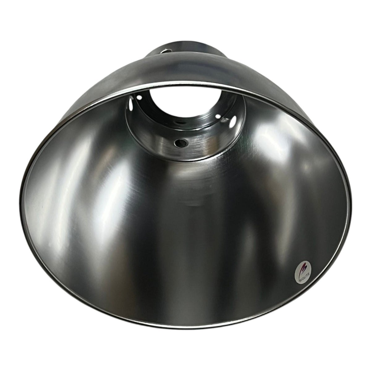 A brushed metal dome-shaped industrial light fixture shade on a solid white background.