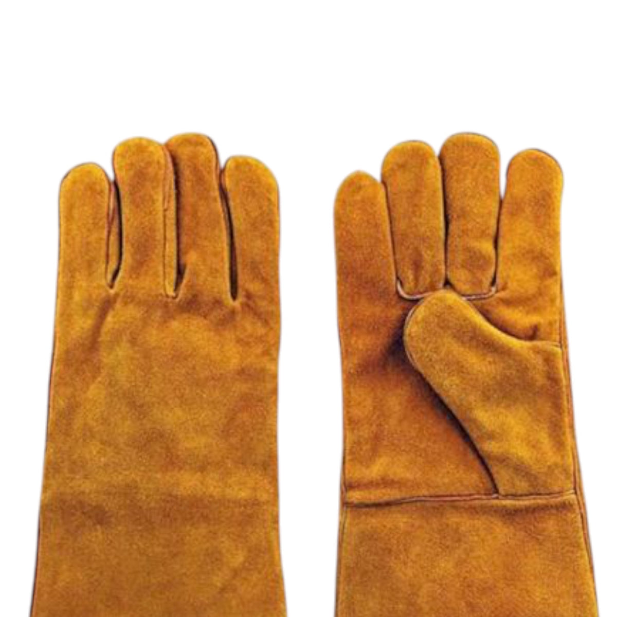 A pair of long leather work gloves in a warm mustard-brown color, shown against a plain white background. One glove is oriented to show the back of the hand, and the other is turned to show the palm side.