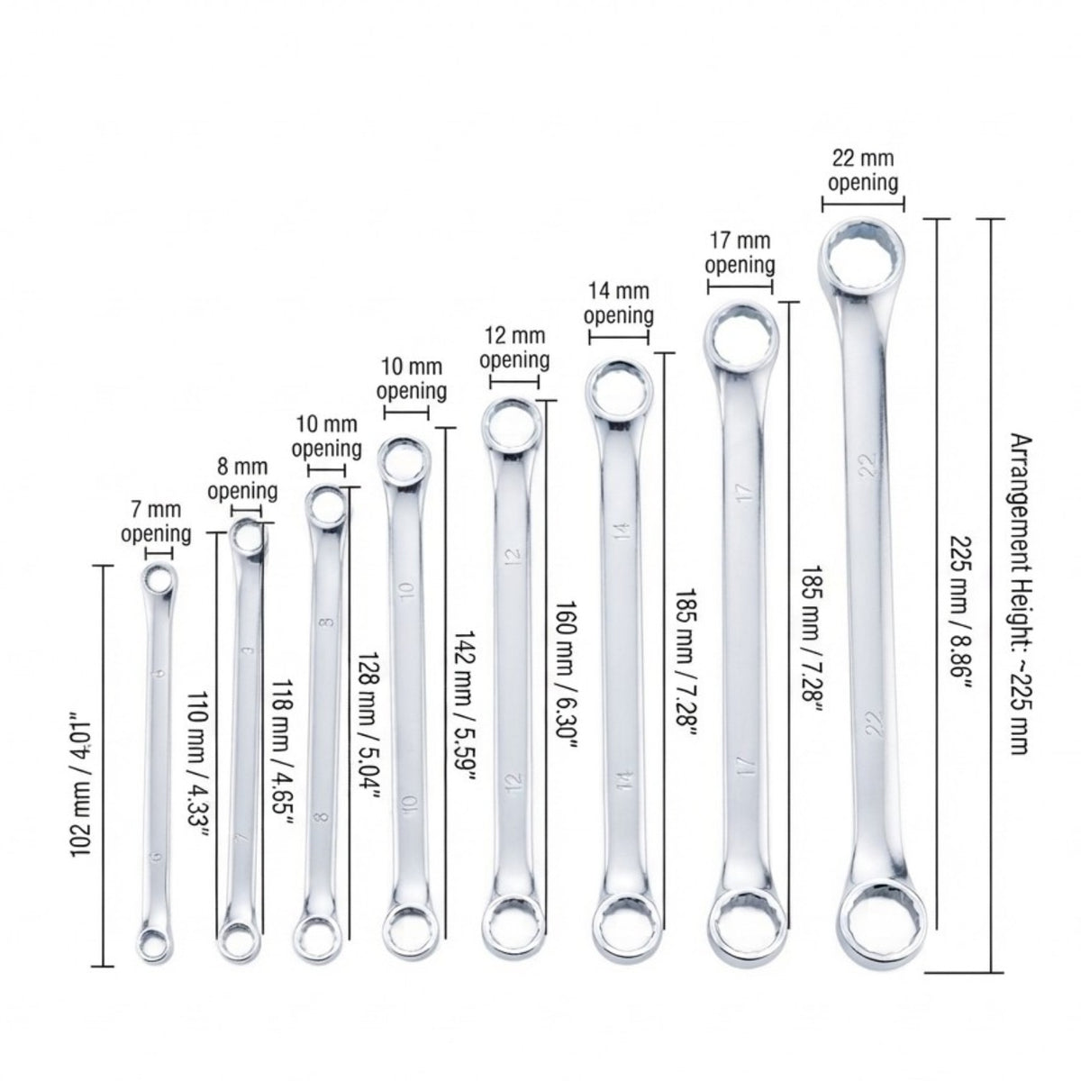 A set of eight silver combination wrenches arranged by size on a white background, with measurement labels and dimensions printed around them.