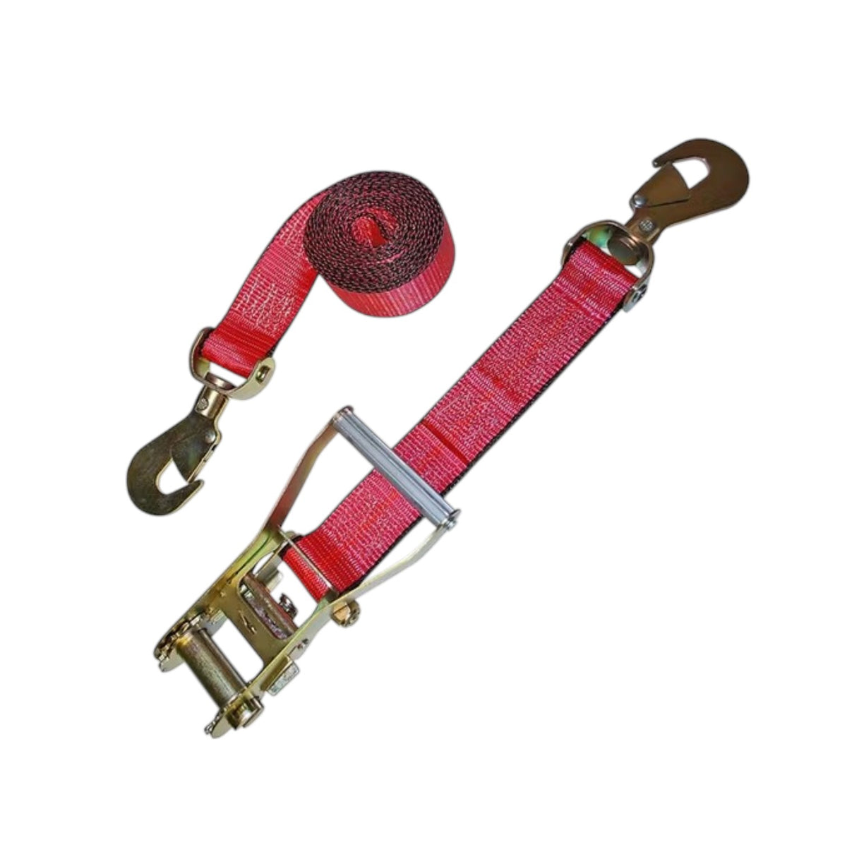 A red webbed ratchet strap with gold-toned metal hardware, including hooks and a release buckle, shown on a plain white background.