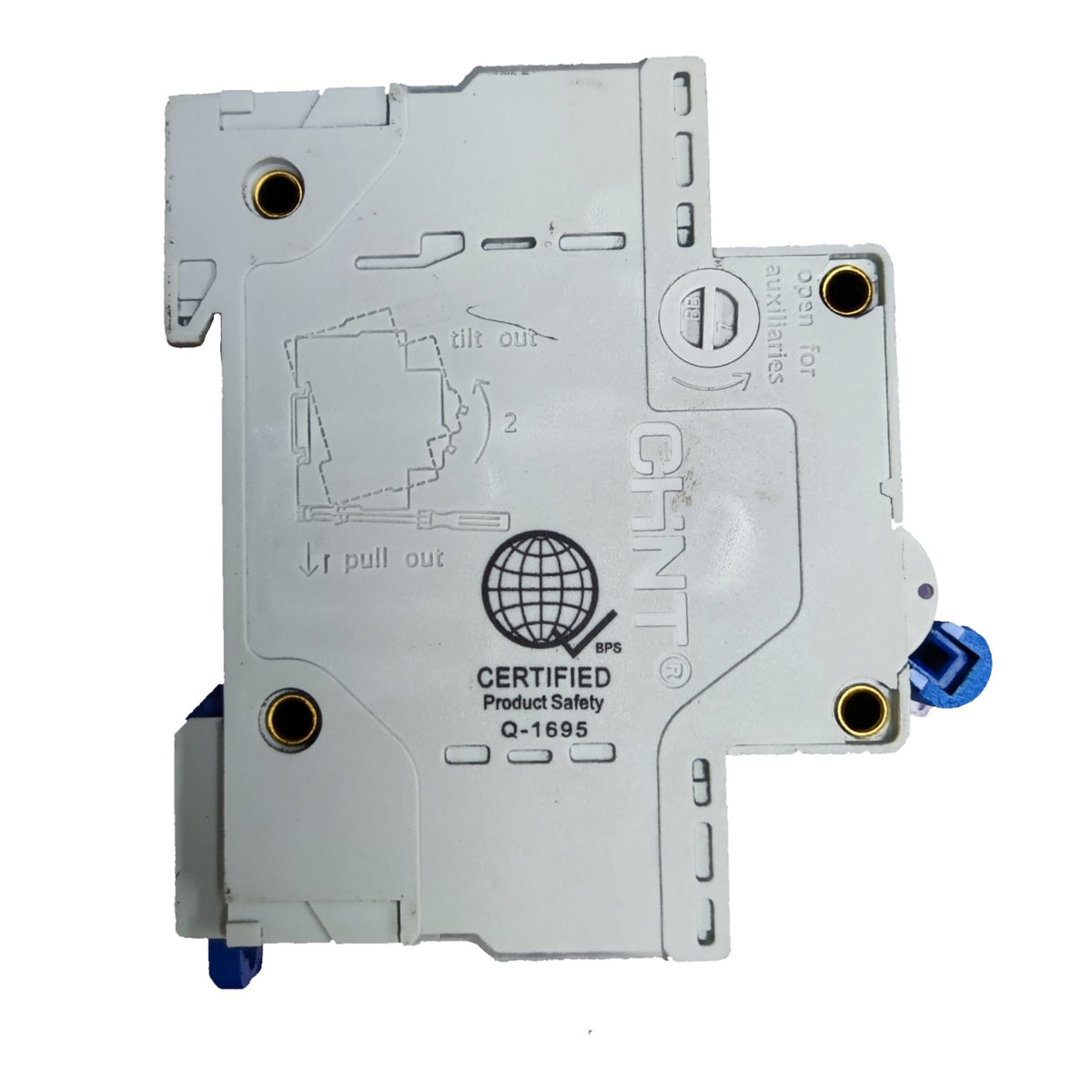 A certified product safety cover plate for a CHINT electrical component, showing the molded white plastic back with certification text and a globe logo.
