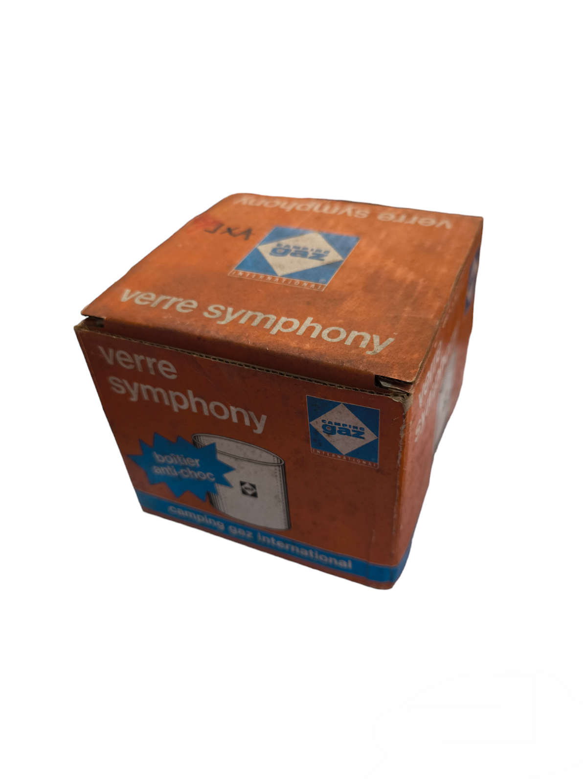 Camping Gaz International Vintage Verre Symphony lantern box in orange with blue and white logo
