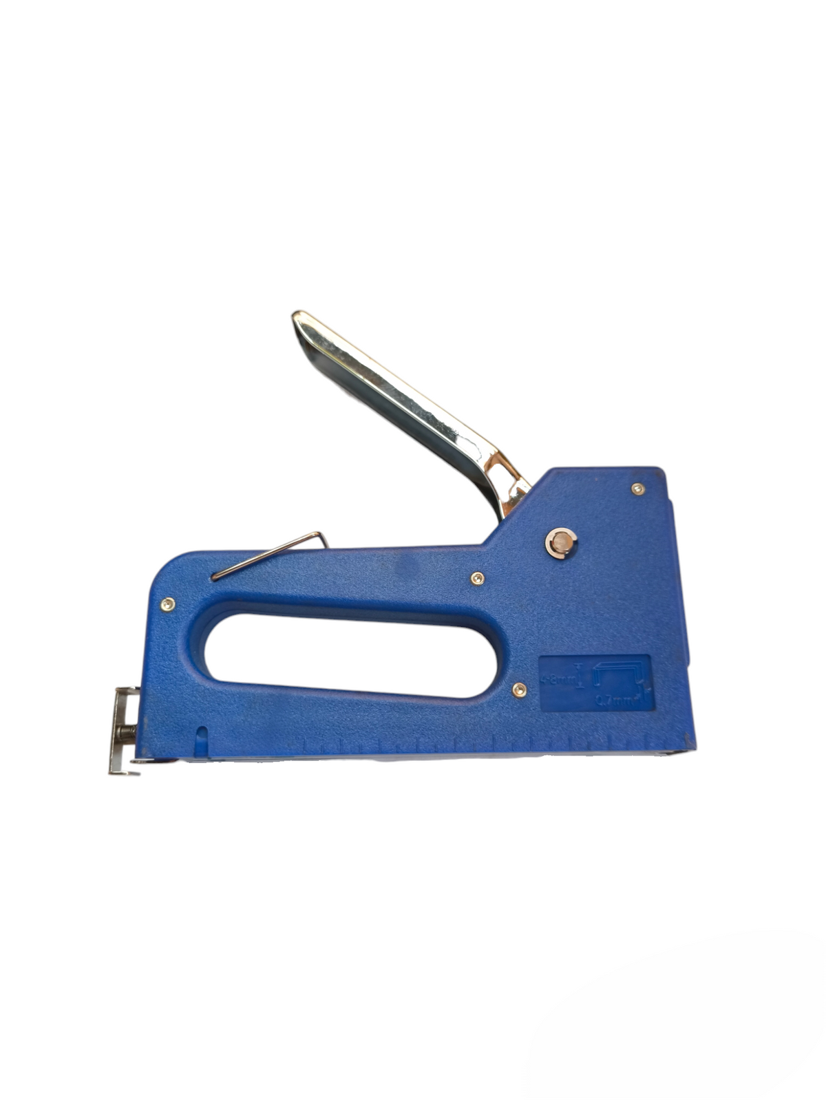 Heavy duty manual staple gun in blue, ideal for tough stapling tasks and construction projects