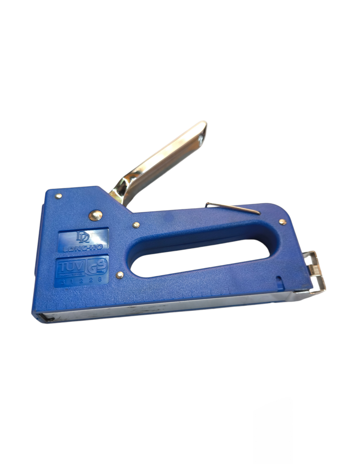 Heavy duty manual staple gun in blue with a comfortable grip for efficient stapling tasks