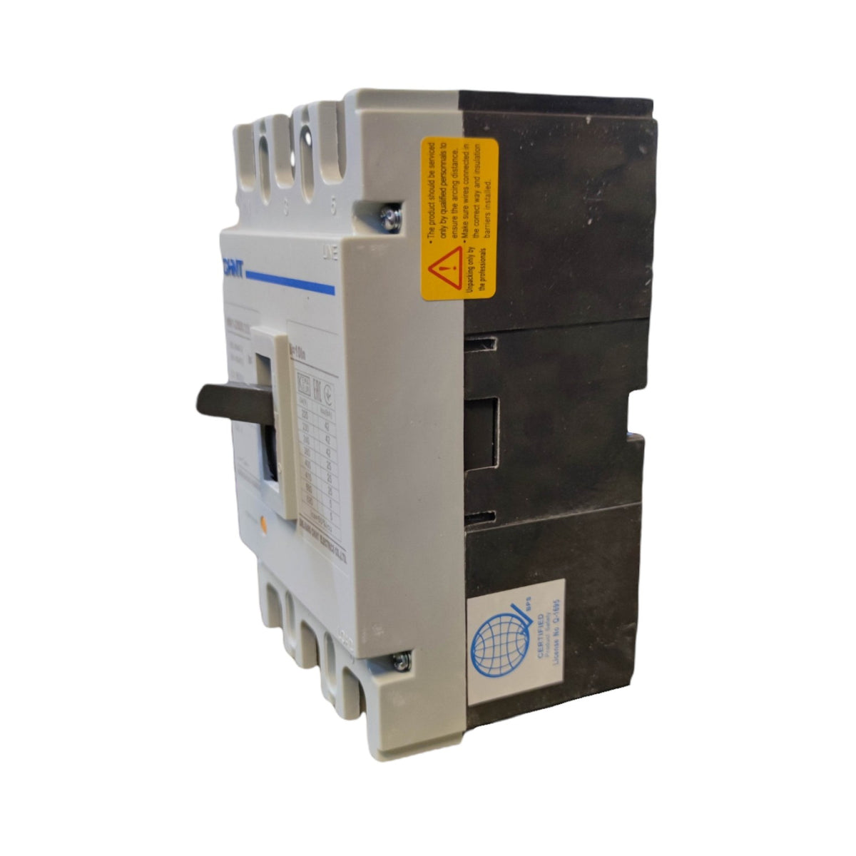 A Siemens circuit breaker with a gray plastic front housing, black internal body, a black lever handle, and warning labels, shown on a white background.