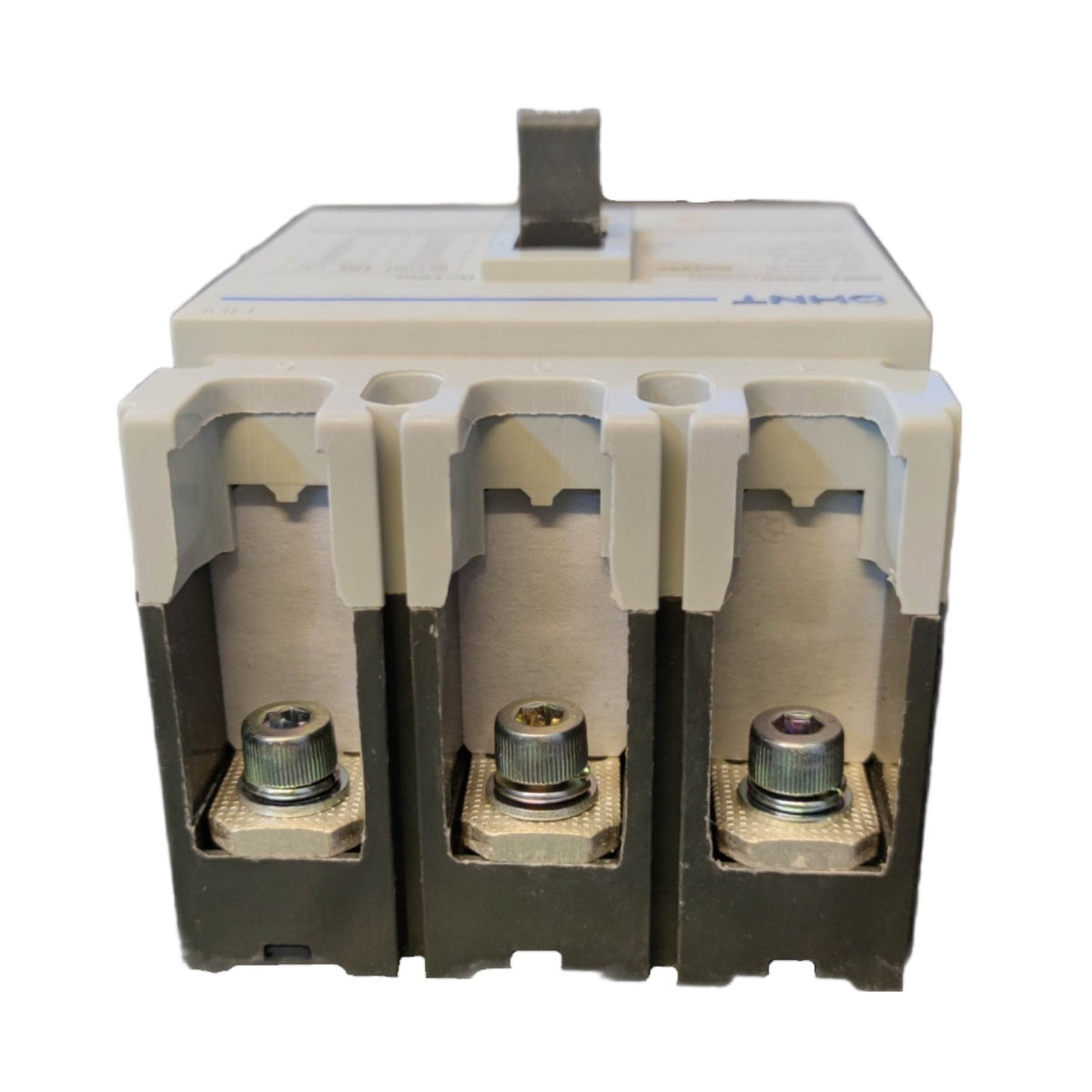 A three-terminal electrical contactor or relay component with a beige top cover, dark gray base, and three metal screw terminals, shown on a plain white background.