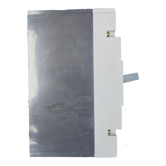 A rectangular industrial electrical component or terminal block with a large metallic gray faceplate and a white side housing, shown against a plain white background.