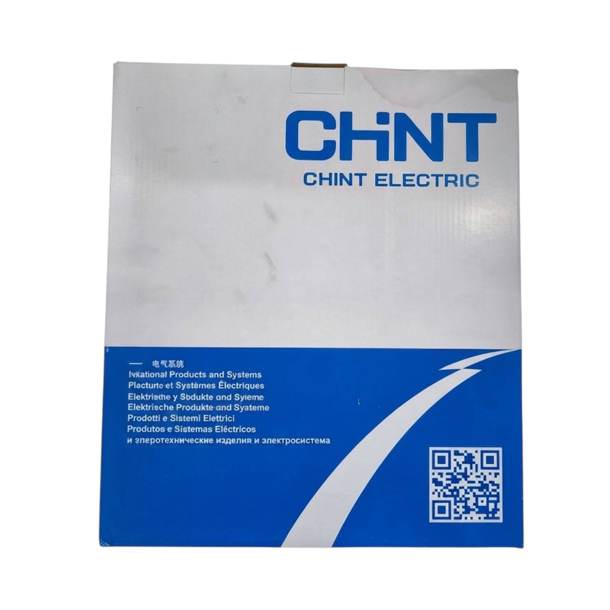 A square cardboard box for CHINT Electric, featuring a white top half with blue CHINT branding and a blue bottom half with a white graphic and QR code.
