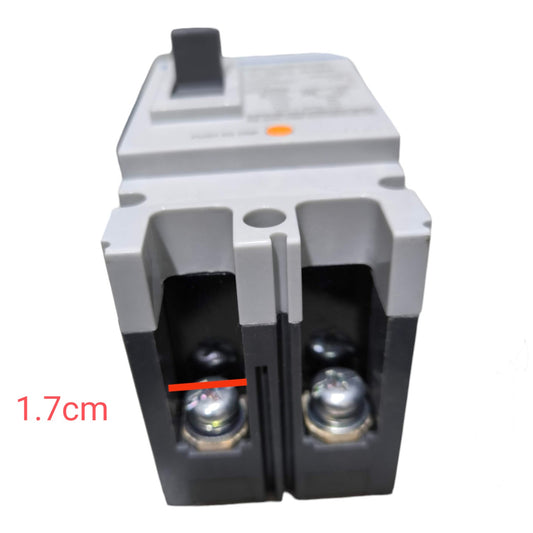 A double-pole electrical circuit breaker with a gray top housing and black lower housing, featuring two metal screw terminals. A red overlay line indicates a width of 1.