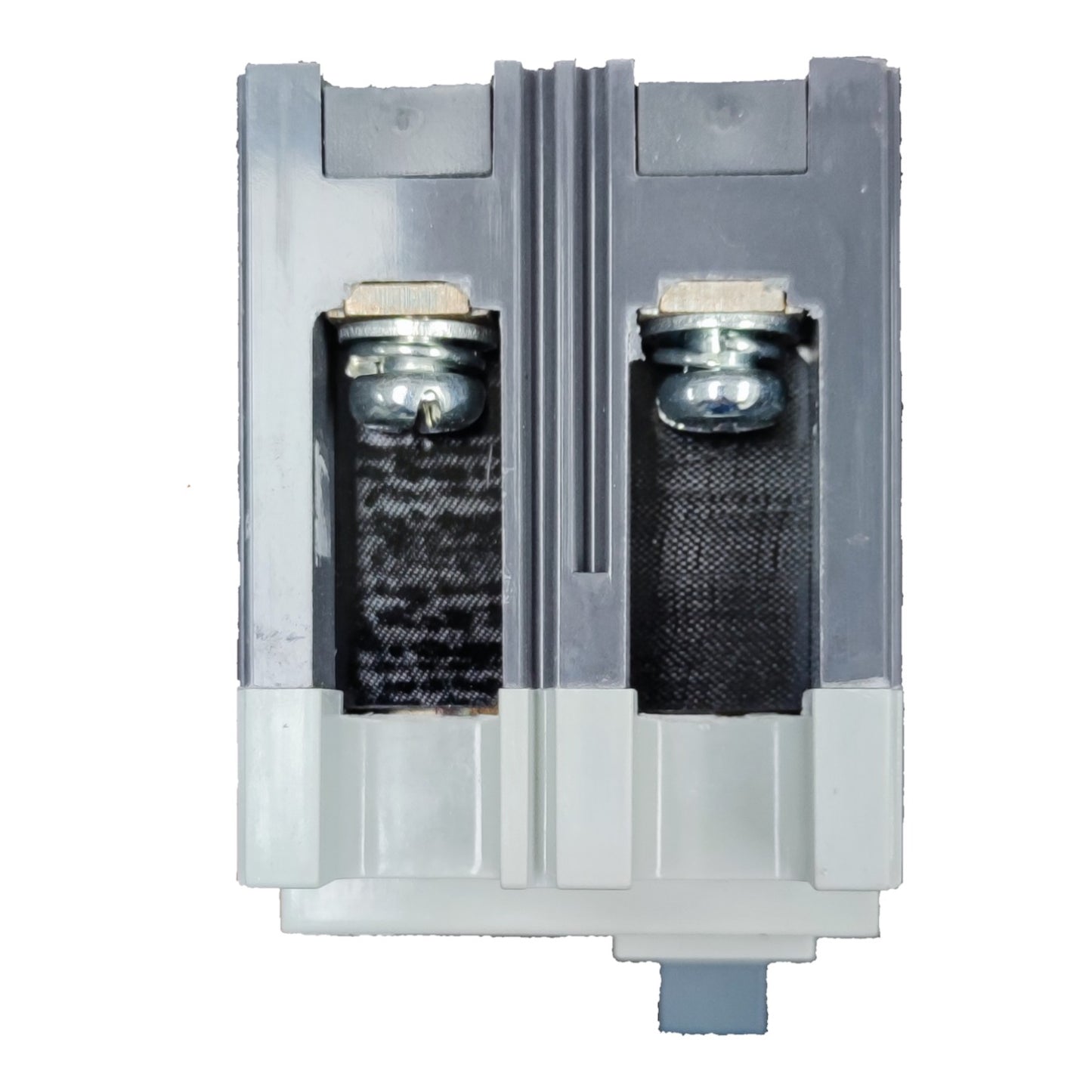 A dual-channel gray plastic water filter cartridge with black mesh screens and silver metal spring ends, shown against a plain white background.