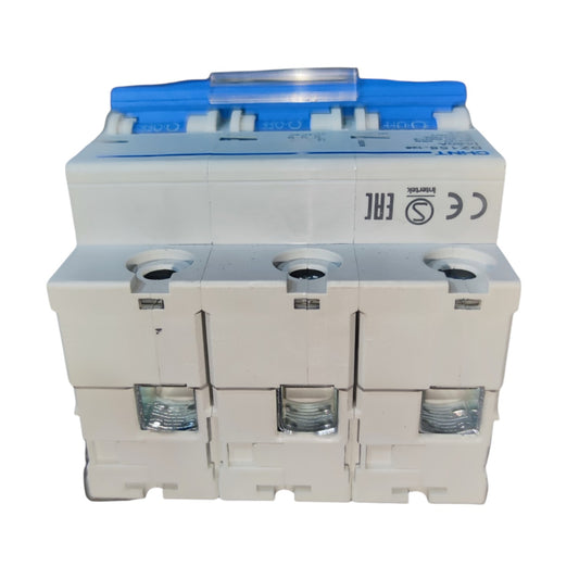A three-pole circuit breaker with a white plastic housing, a blue top handle cover, and clear terminal windows showing internal metal contacts, photographed on a white background.