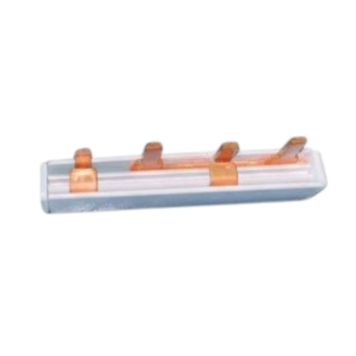 A small rectangular electronic component with a clear plastic casing, a light blue-gray base, and four copper-colored metal tabs on top, shown against a plain white background.