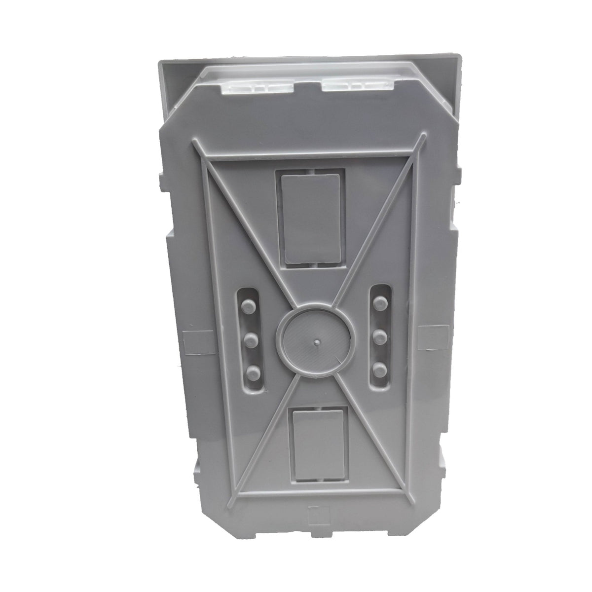 Gray plastic electronic motion detector or trail camera housing with a rugged, industrial design, shown from a top-down angle on a white background.