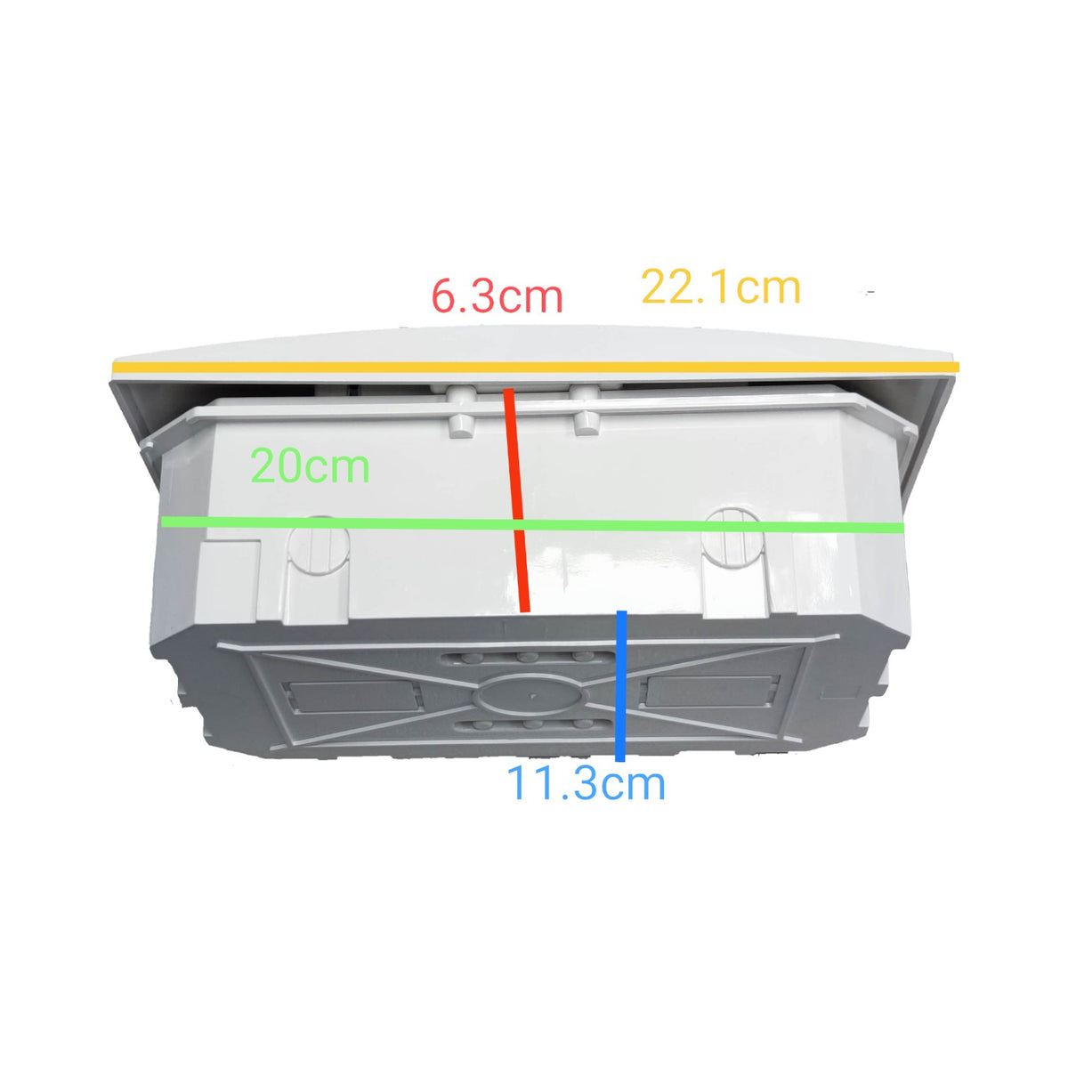 A top-down product dimension diagram of a square gray utility box or vent cover, with colored measurement lines and labels showing 20 cm width, 11.3 cm depth, and 6.