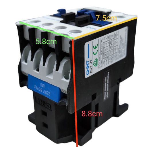 Electrical contactor with dimensions labeled on a white background