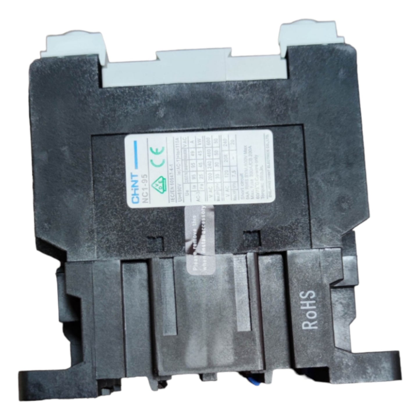 Black electronic component with a label on a white background