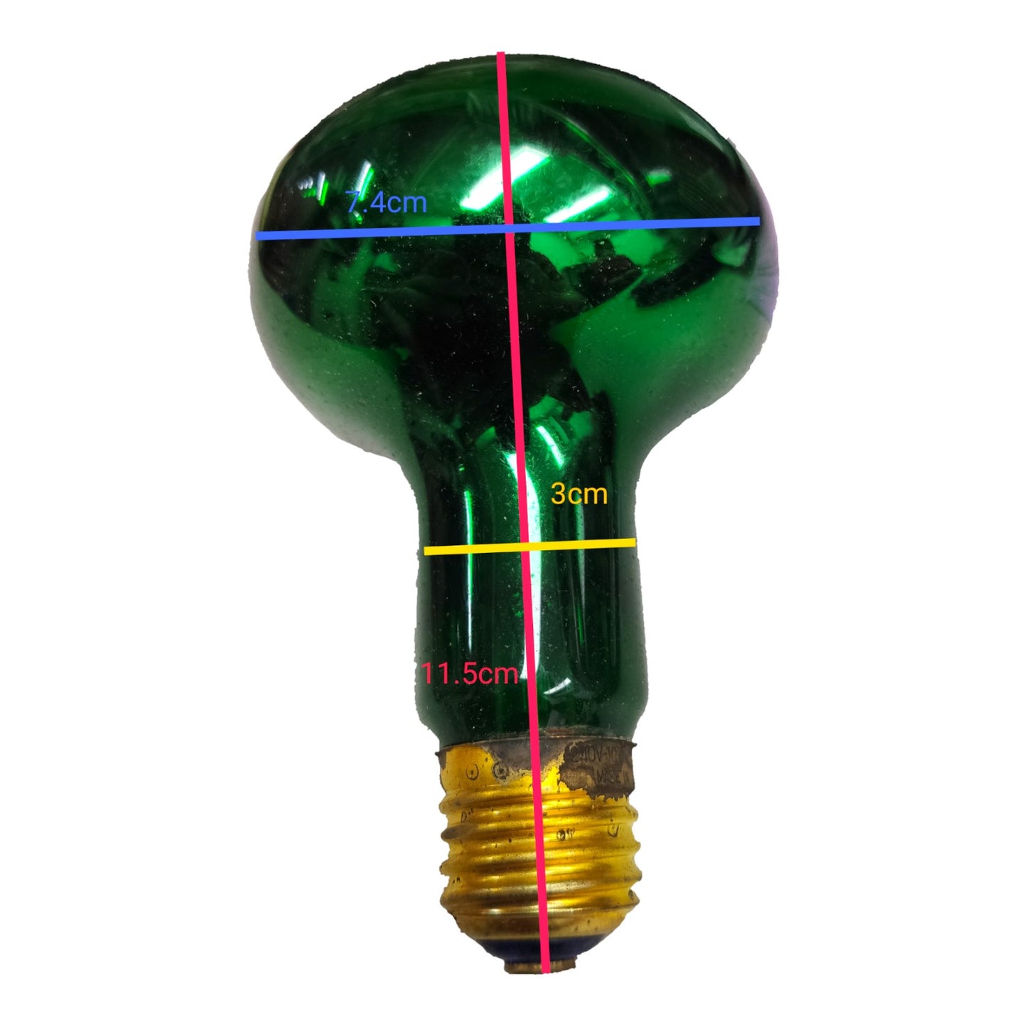 A green reflective incandescent light bulb with a brass screw base, overlaid with red, blue, and yellow measurement lines and text showing dimensions of 2.4cm, 3cm, and 11.
