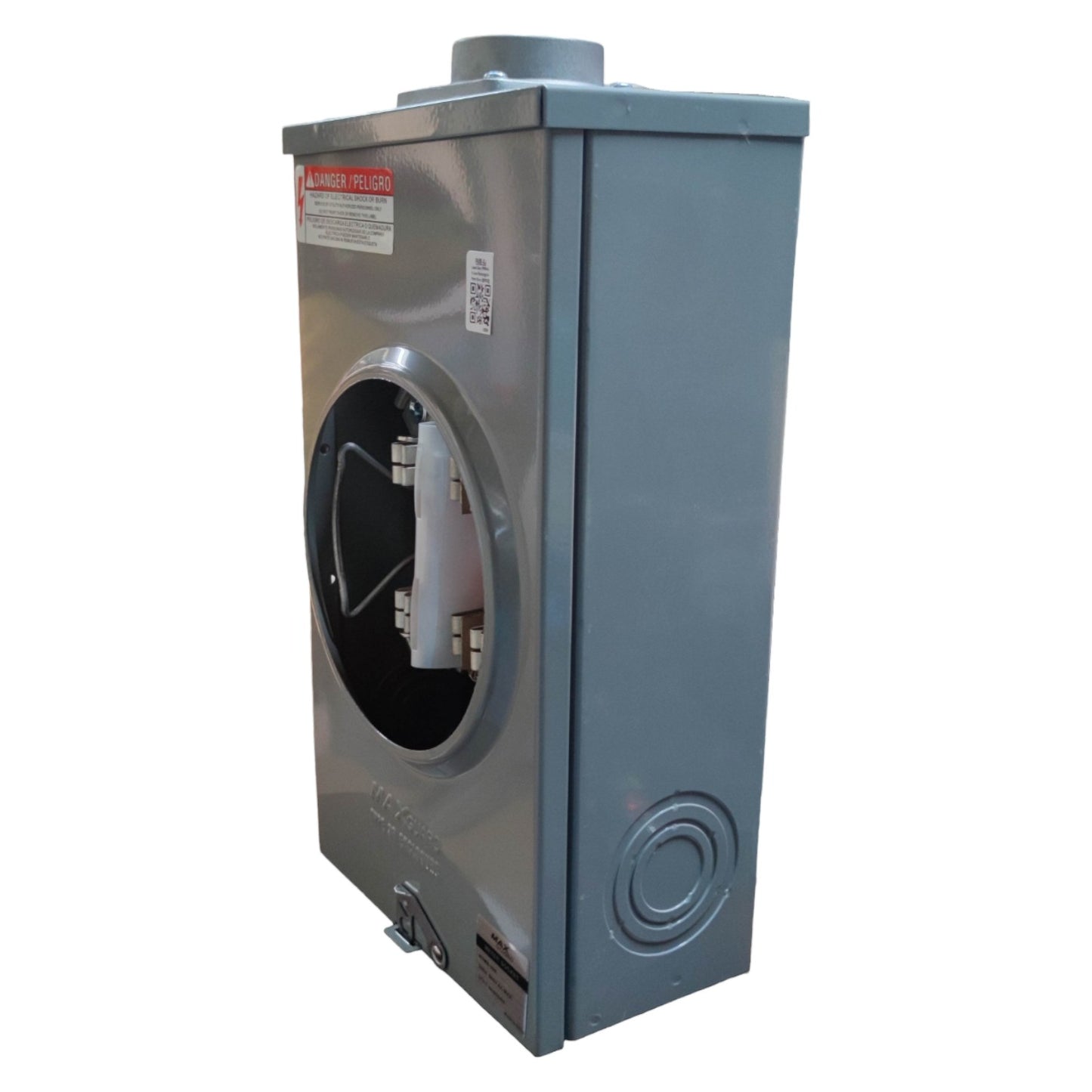 Metallic box with a circular opening on a white background