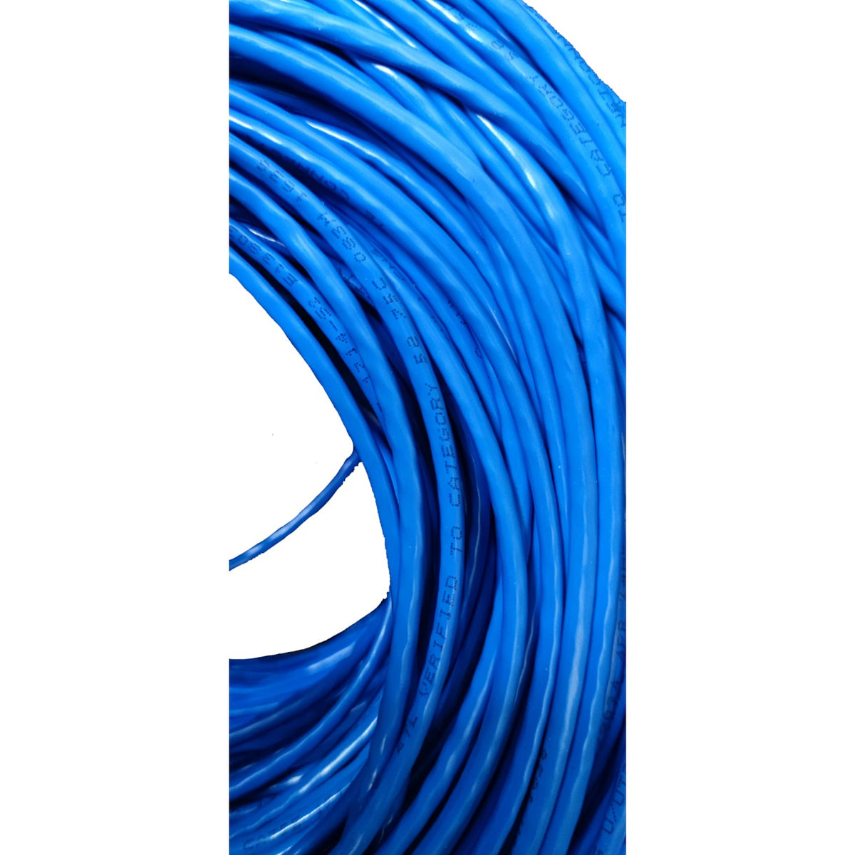 A coiled bundle of bright blue cable or wire shown against a plain white background.