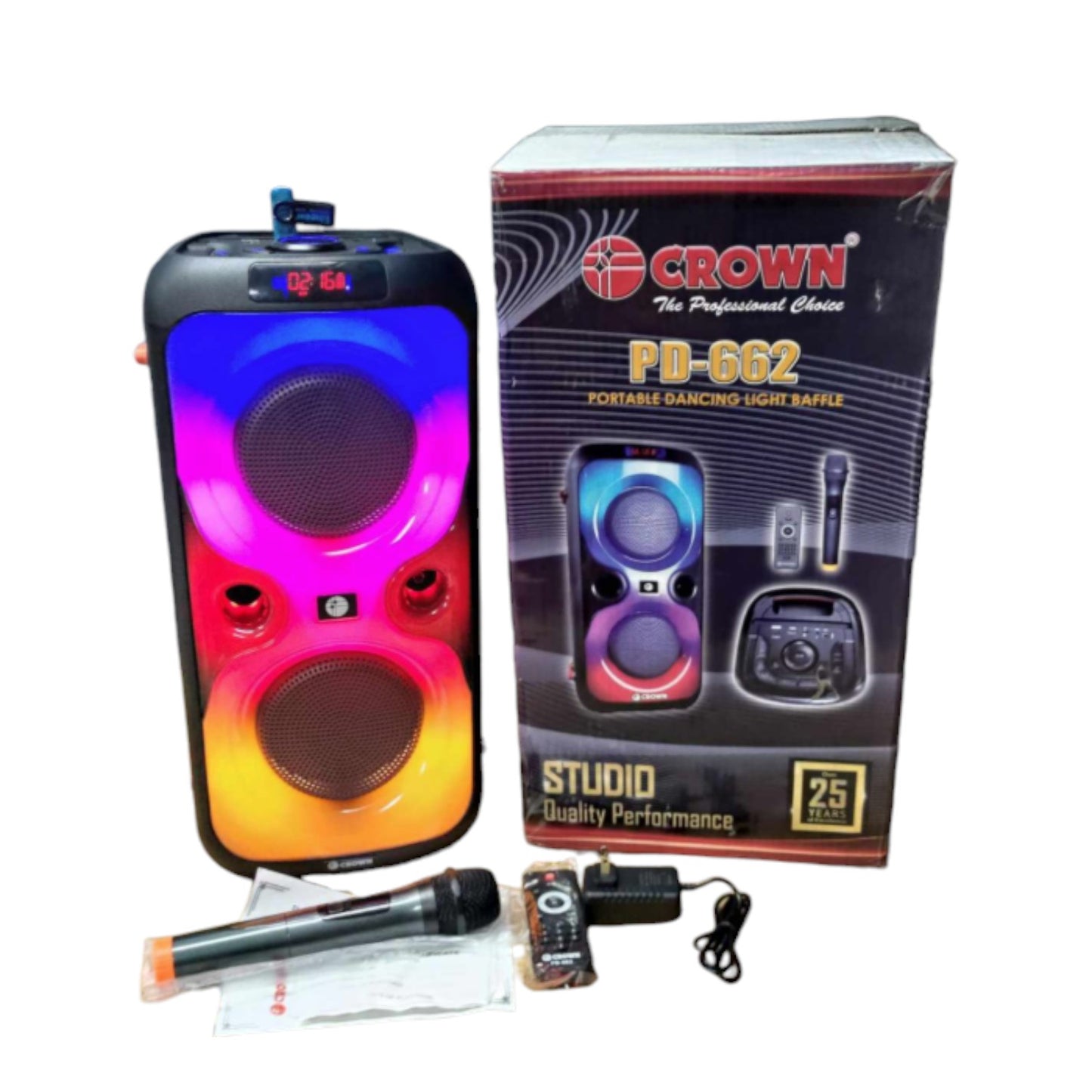 Crown 150W Portable Speaker 6 Woofer + 1.5 Tweeter w/ Remote Control Wireless Mic, Rechargeable Battery PD-662