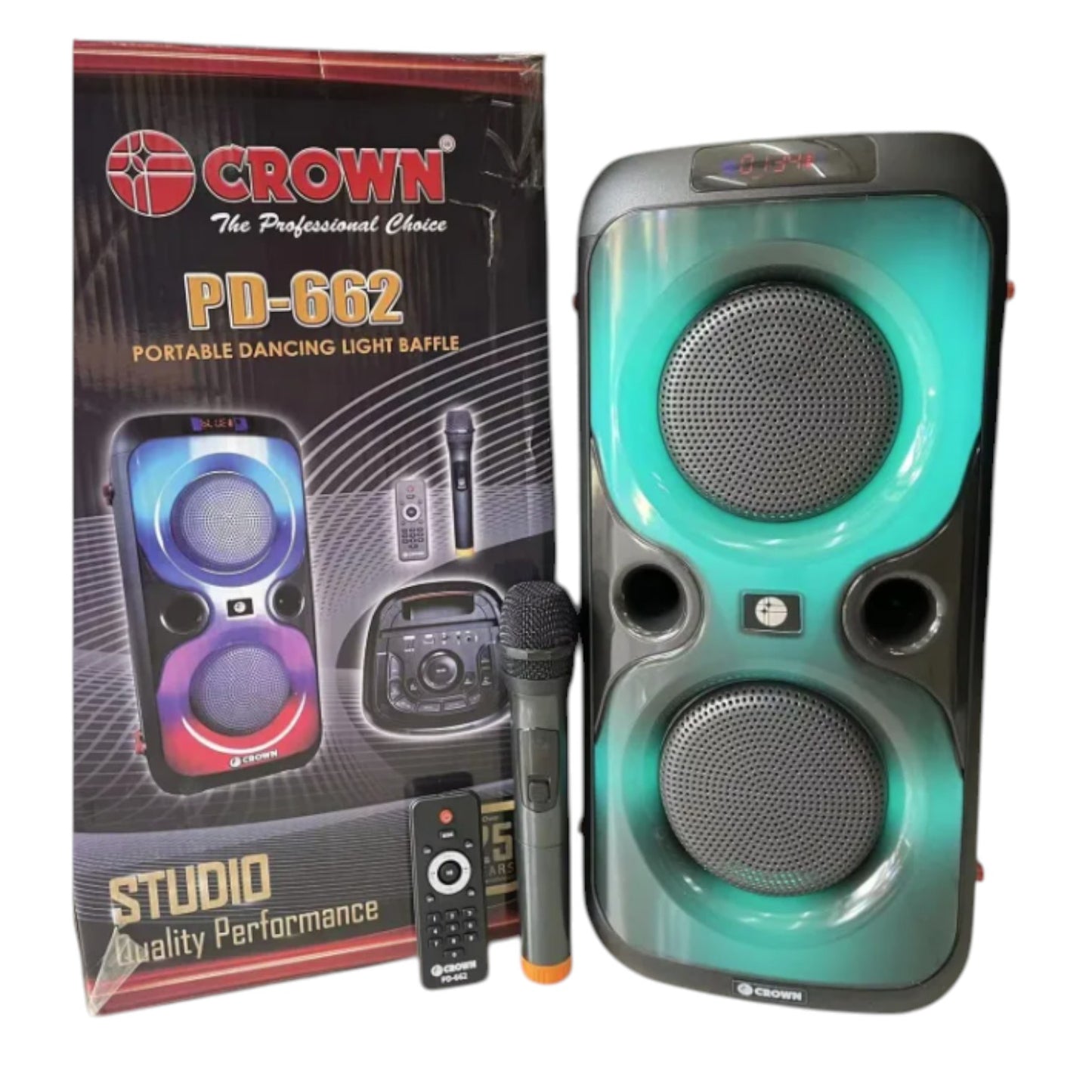 Crown 150W Portable Speaker 6 Woofer + 1.5 Tweeter w/ Remote Control Wireless Mic, Rechargeable Battery PD-662