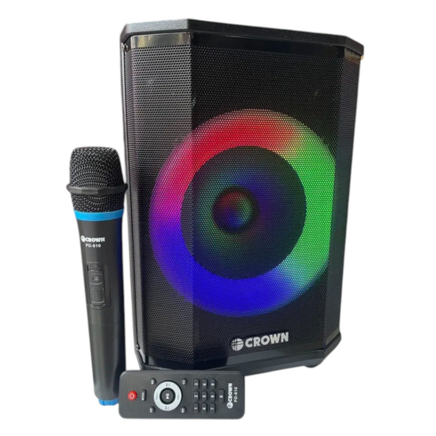 Crown 150W Portable Speaker 8 Inches Woofer 2 Way 4-8 Ohms 250x285x360mm PD-810 with Remote Control Wireless Mic and Rechargeable Battery