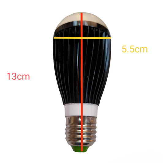 Denko 9W LED industrial bulb showing measurements of 13cm height and 5.5cm diameter