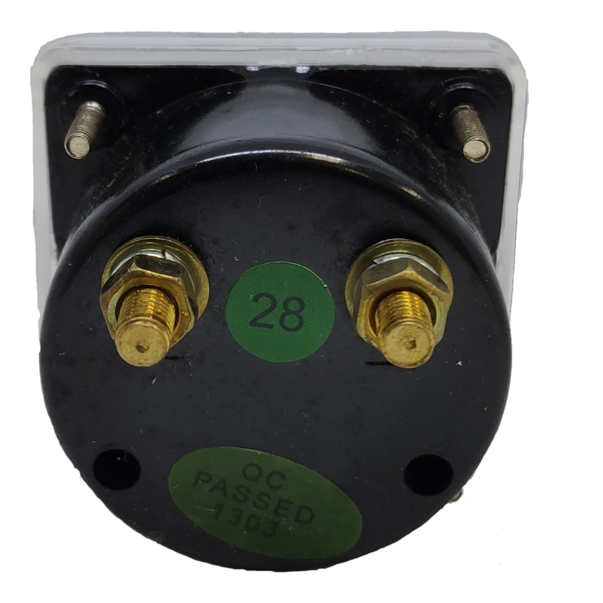 A black electrical terminal block with two brass screw terminals, a green circular sticker with the number 28, and another green sticker reading 'QC PASSED 1303', shown on a white background.