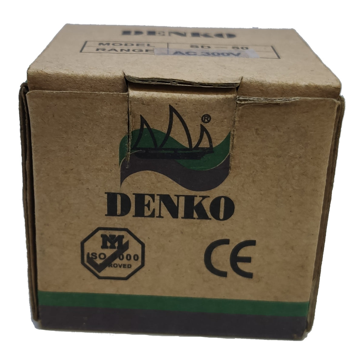 A brown cardboard box with the brand name 'DENKO' printed in black, along with a green and black logo, an ISO 9000 certification mark, and a CE mark. The top of the box shows 'MODEL SR-50 RANGE AC 380V'.