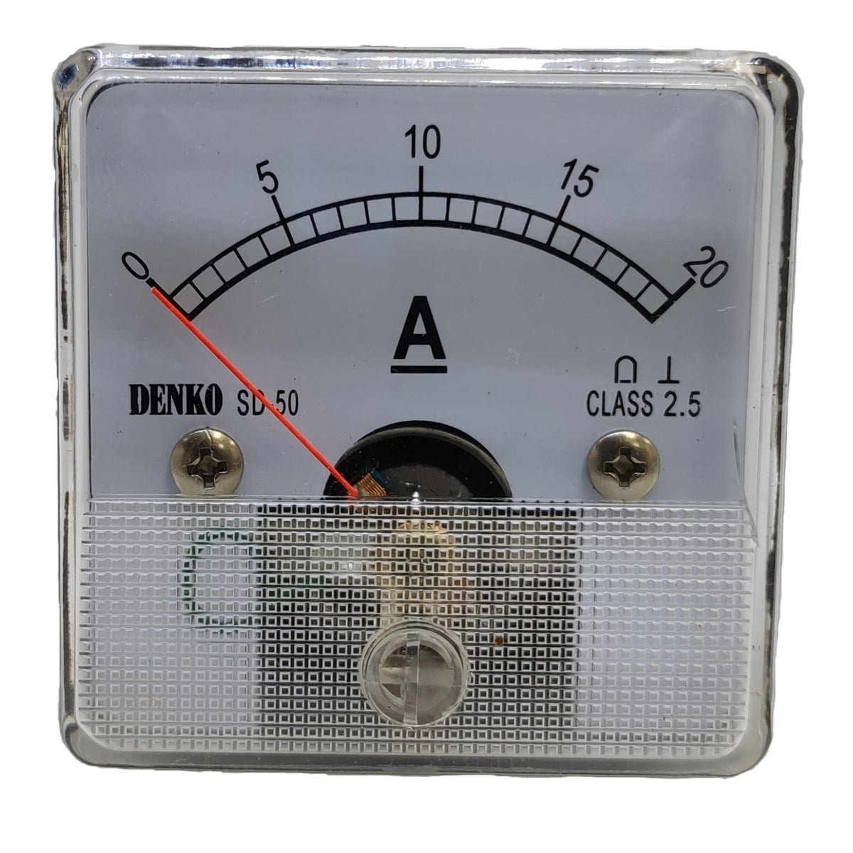 A square Denko SD-50 analog ammeter with a clear protective glass cover, featuring a white face, black scale markings, a red needle, and brass screws.