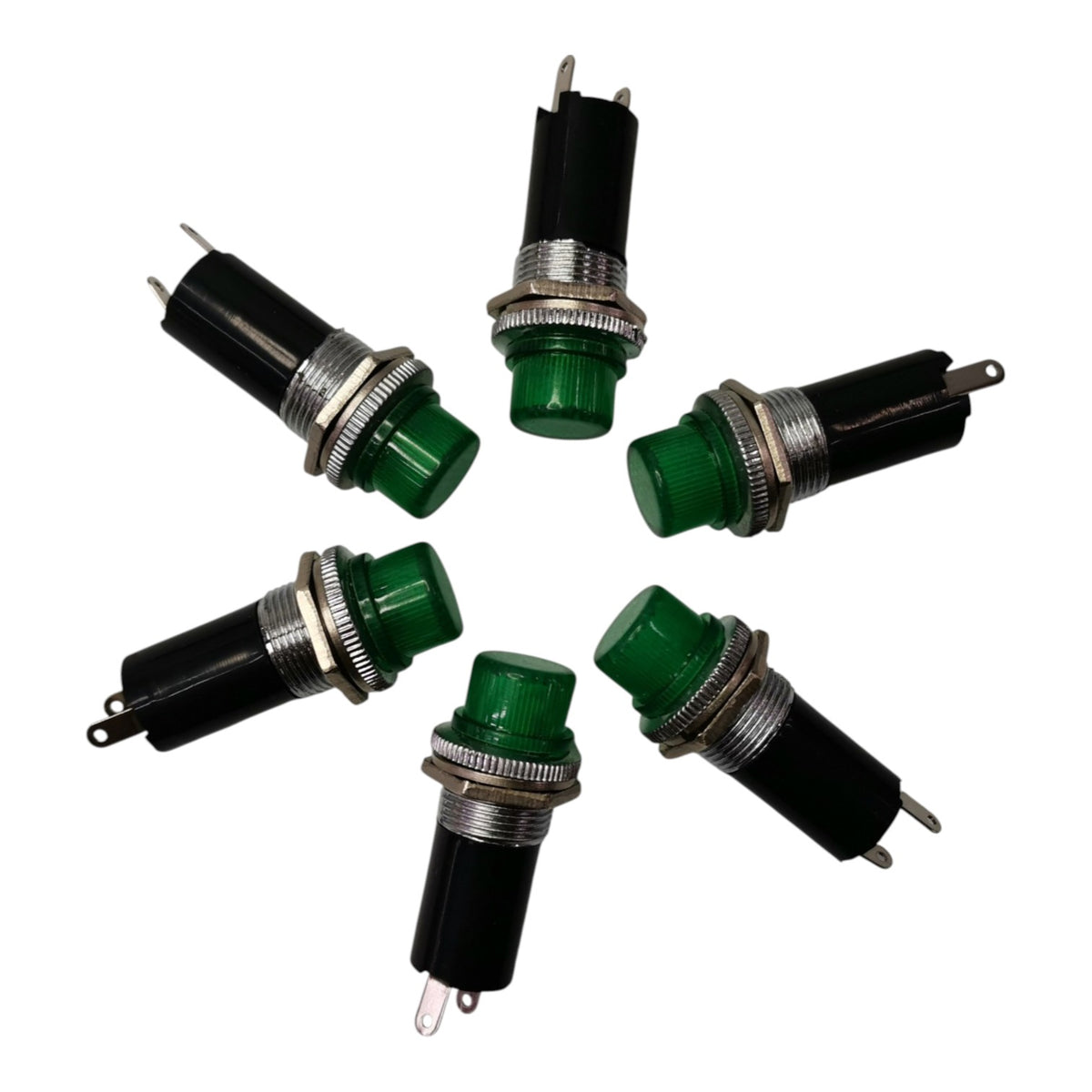 Six green and black industrial push-button indicator lights arranged in a circle on a white background.