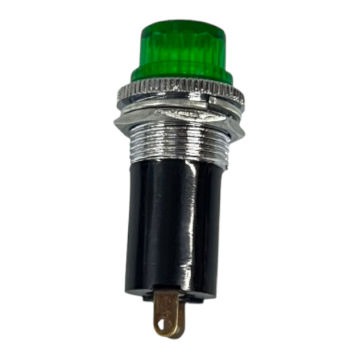 A single industrial push-button indicator light with a green translucent lens, a silver metal threaded housing, and a black plastic base, shown on a plain white background.