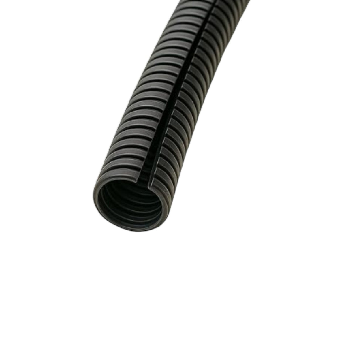 A close-up of a black corrugated plastic cable protective conduit tube on a solid white background.