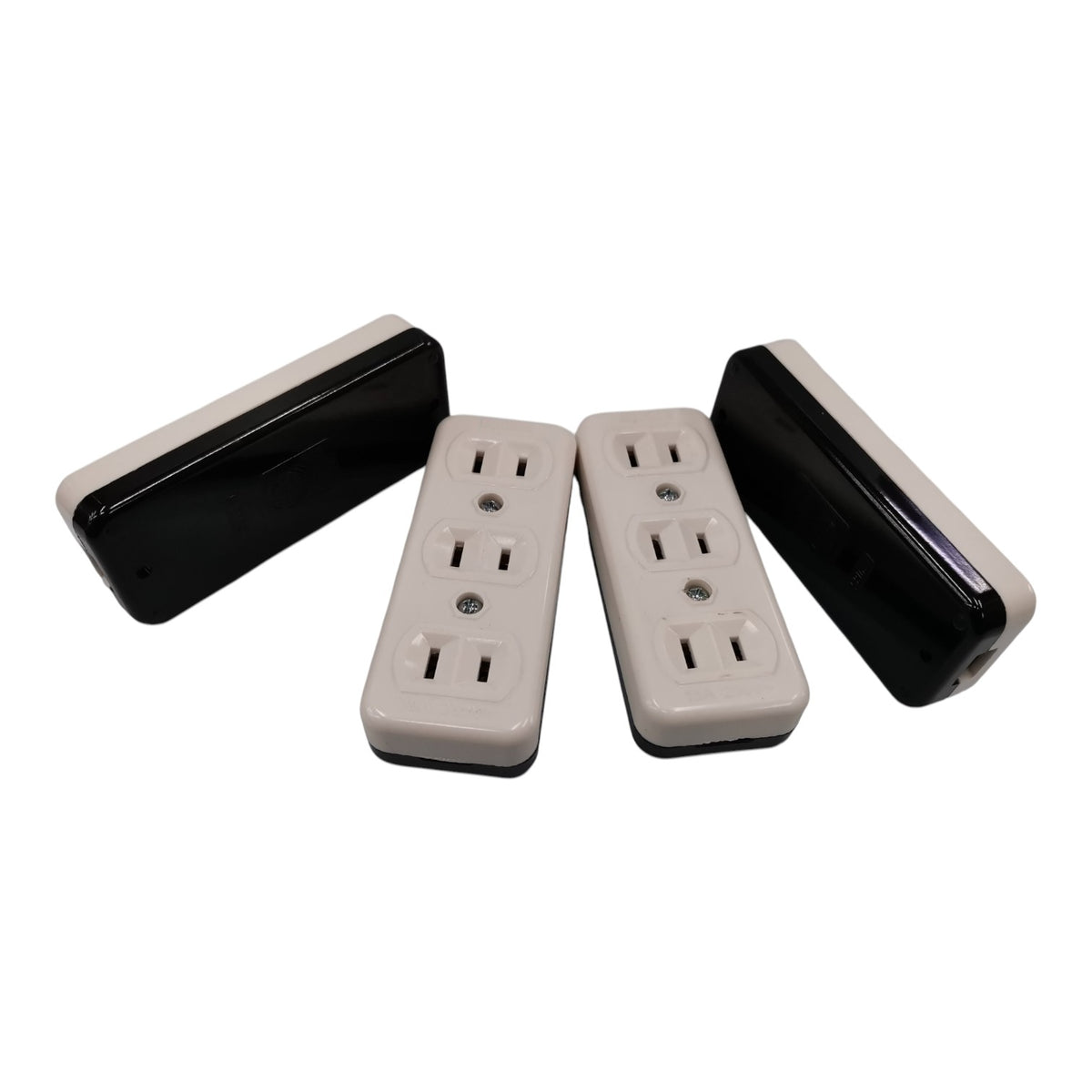Four USB power adapters with a black and white design, arranged on a plain white background.