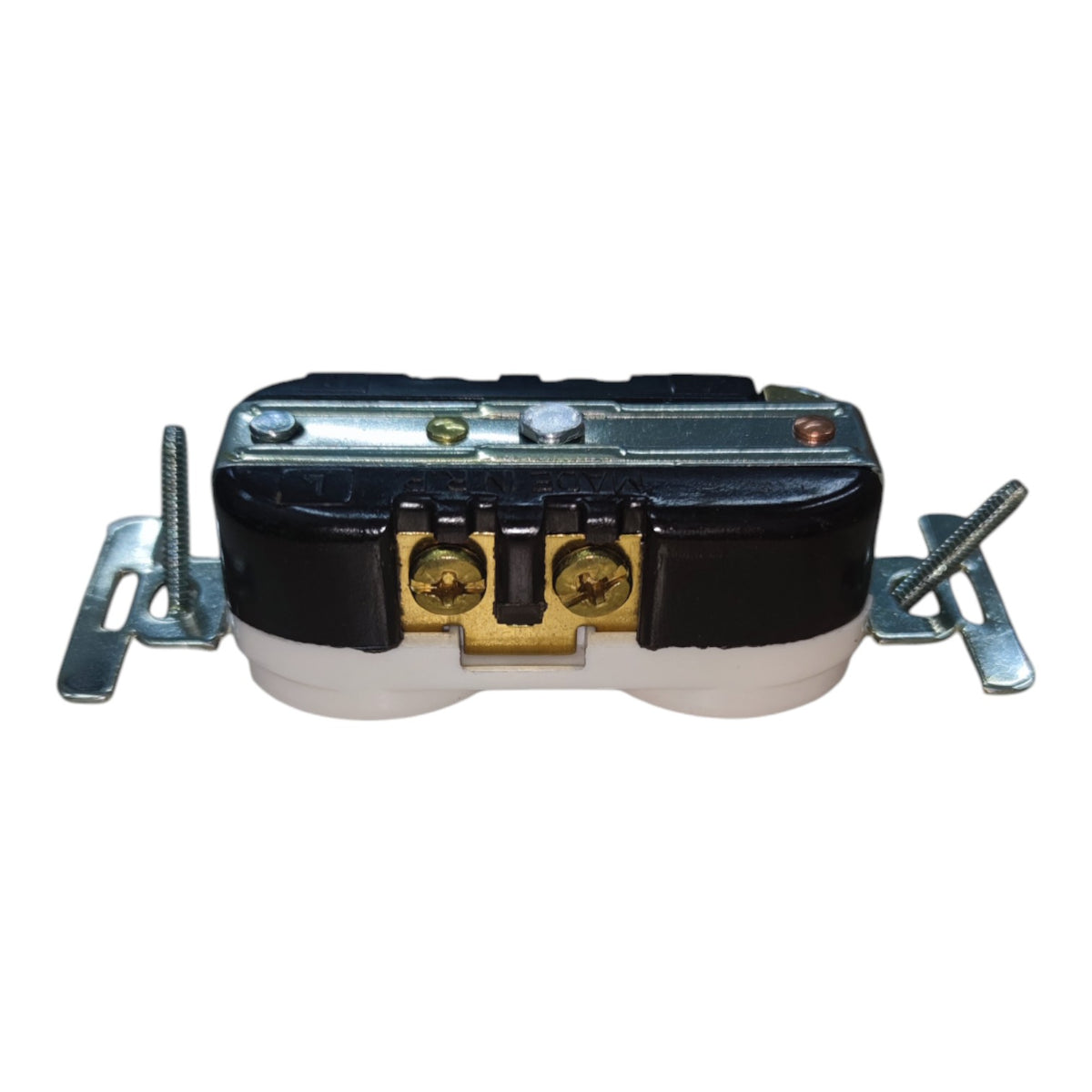 A double outlet electrical socket with a black and white plastic housing, a silver metal top plate, brass screw terminals, and two silver metal mounting brackets with screws on each side, isolated on a white background.