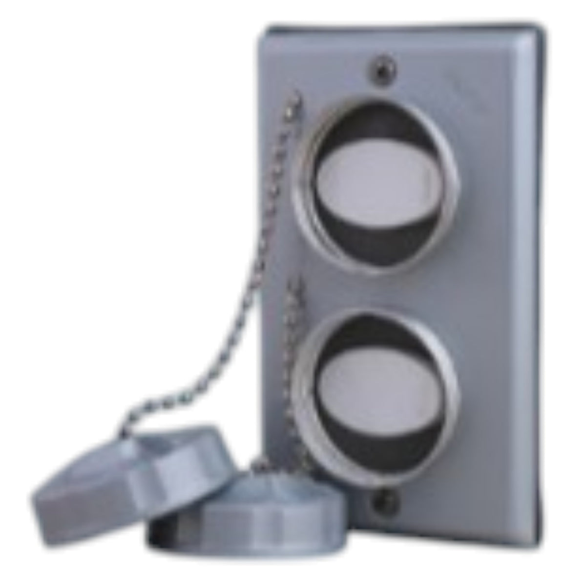 A gray dual outlet electrical switch plate with two circular openings, shown with two gray caps and a metal chain on a plain white background.