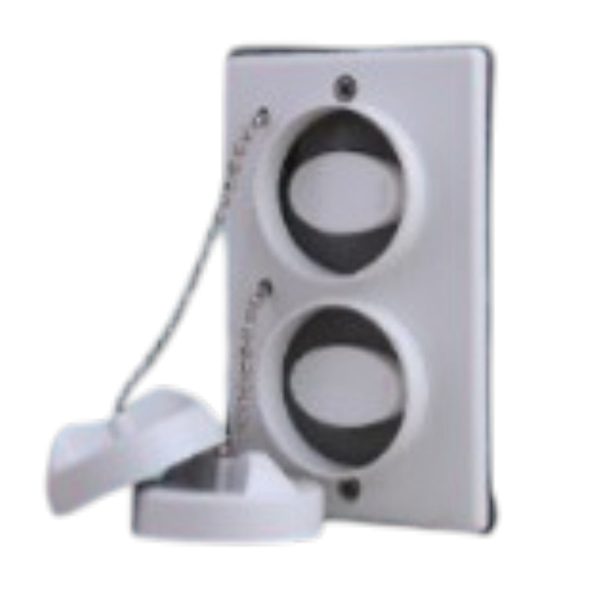 A white plastic dual outlet cover plate with two round openings and a chain-operated cap cover, shown on a plain white background.