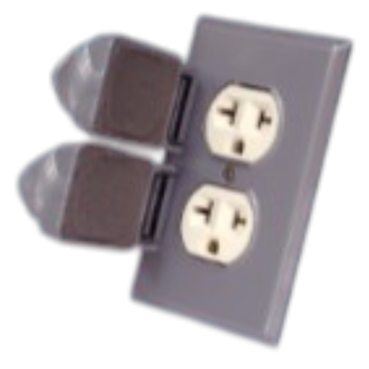 A gray electrical outlet cover with two overlapping protective plugs, shown on a plain white background.