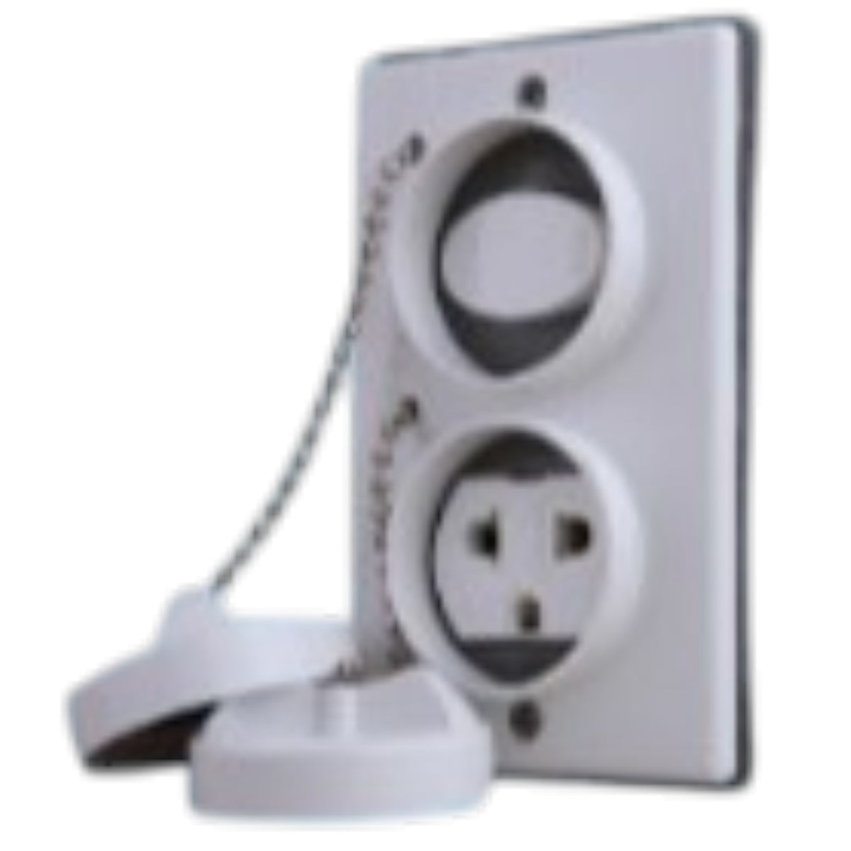 White electrical outlet cover with a pull chain and two removable caps, shown against a plain white background.