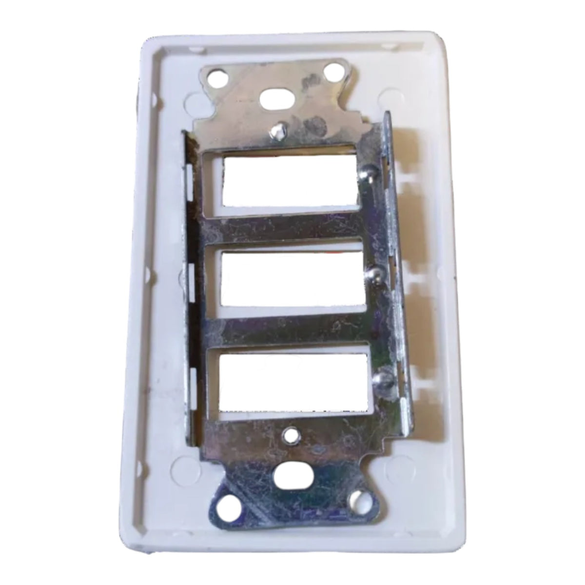 A white plastic double-gang switch jack wall plate with three metal mounting brackets inserted, shown against a plain white background.