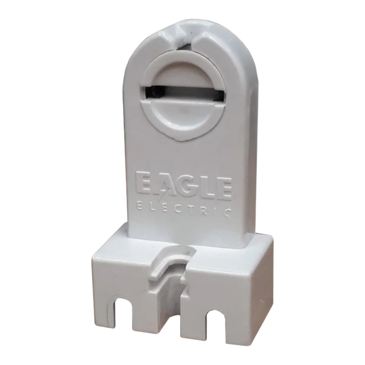 A white plastic Eagle Electric terminal block connector with a circular ring at the top and molded branding on the front, isolated on a white background.