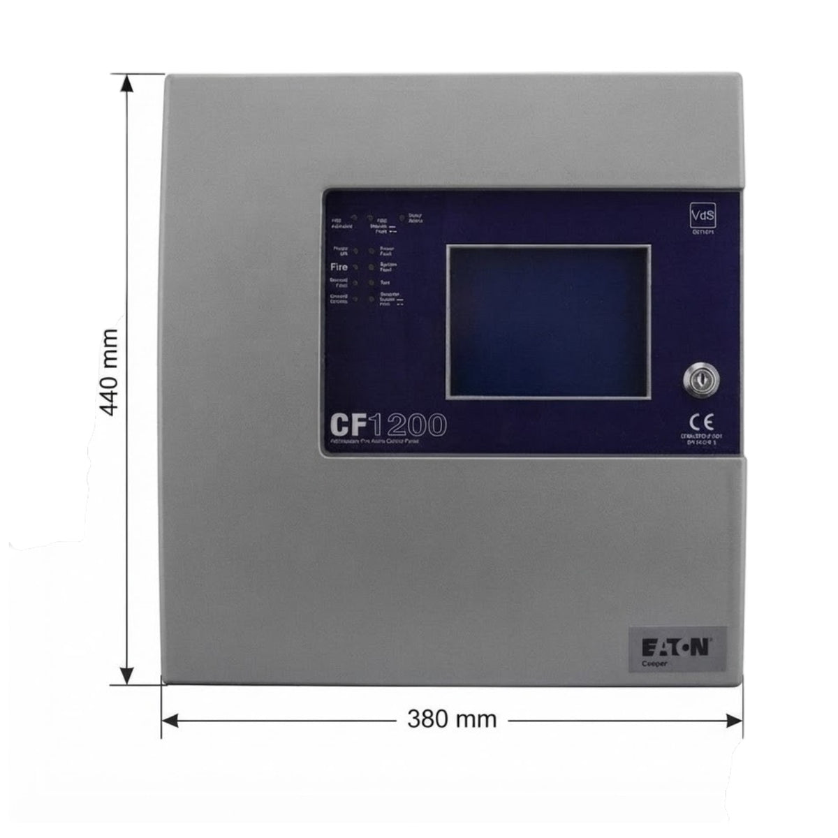A gray industrial electronic control panel with a dark blue front display screen and dimension markings showing 440 mm height and 380 mm width, branded E.T.