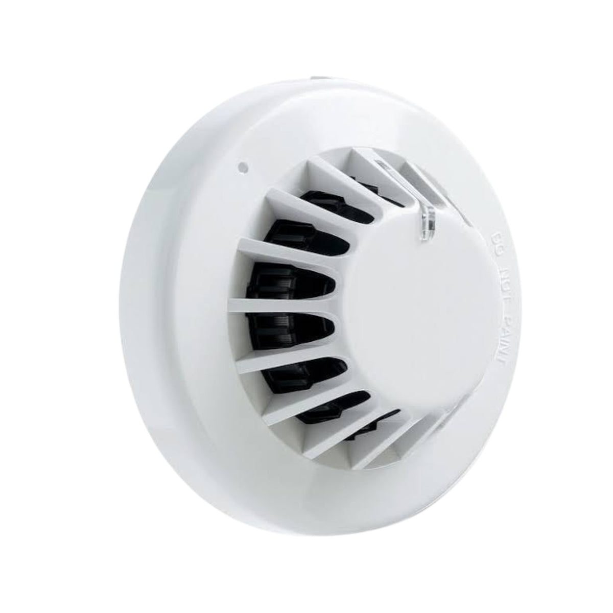 A white round smoke detector with a vented top and black internal components, shown on a plain white background.