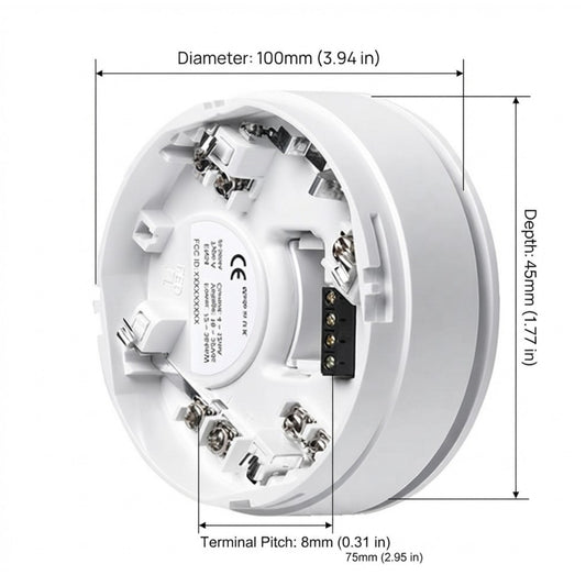 Technical dimension diagram of a white circular electrical socket or terminal component, showing diameter 100mm, depth 45mm, and terminal pitch 8mm with measurement callouts on a light gray background.