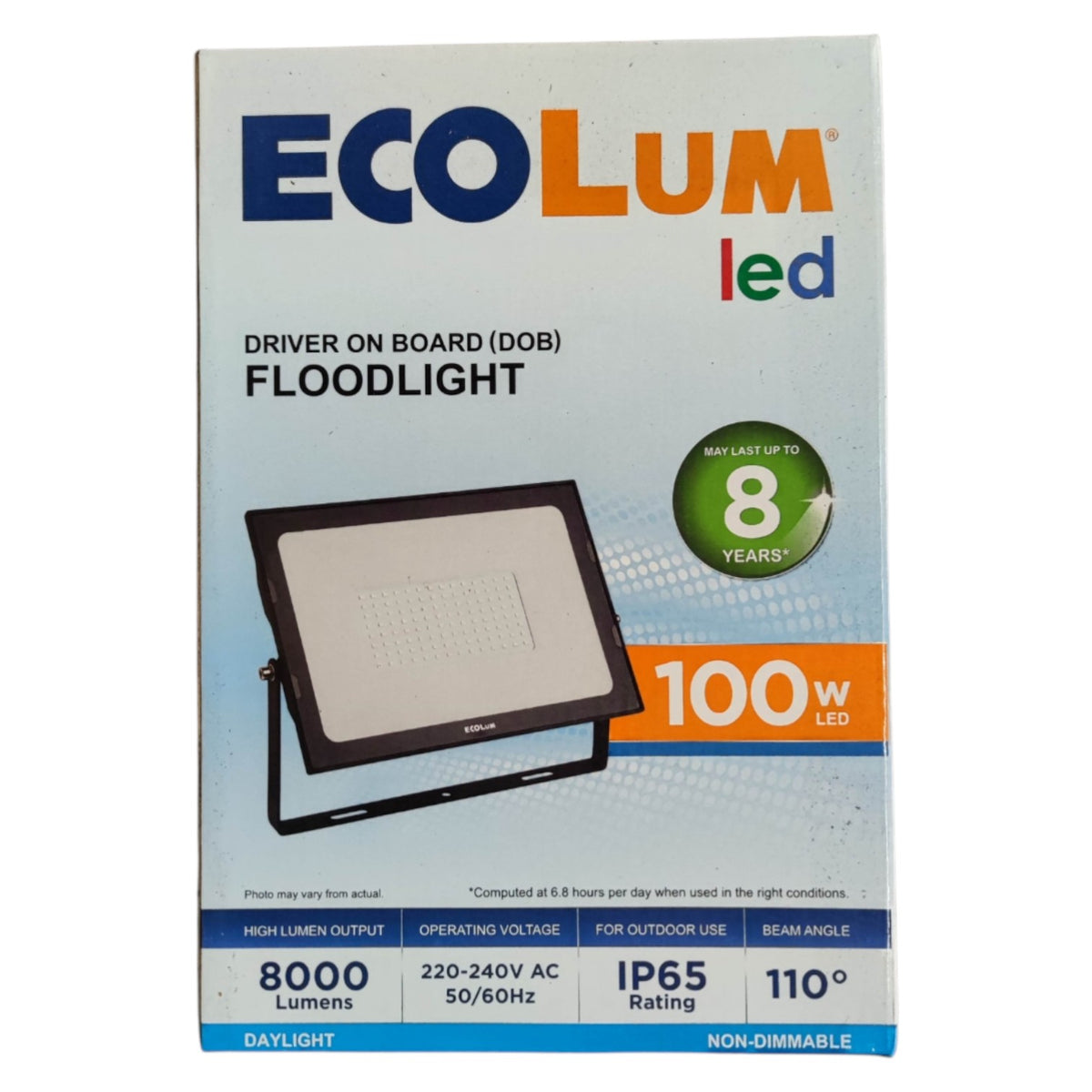 Ecolum LED floodlight packaging on a white background