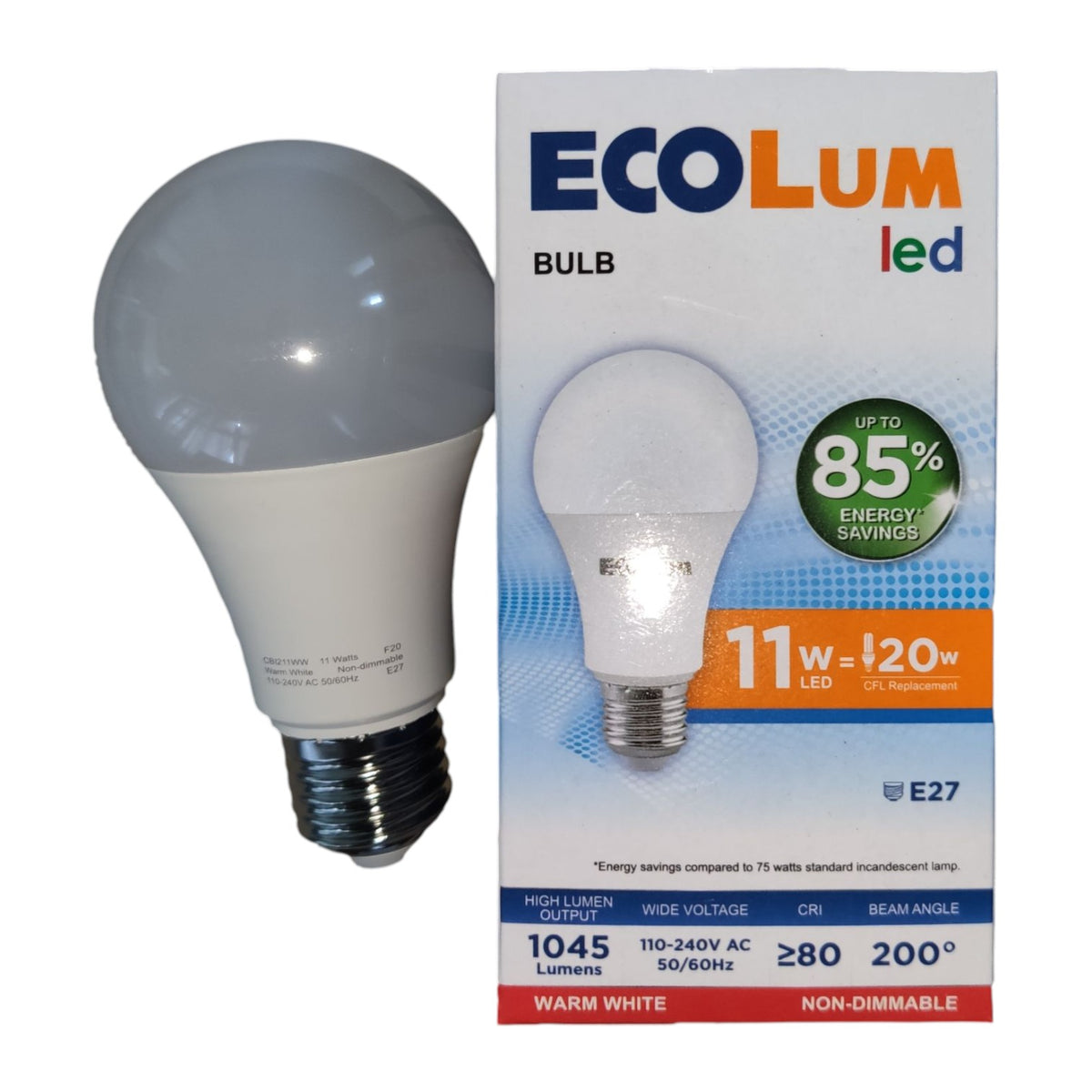 LED light bulb with Ecolum packaging on a white background